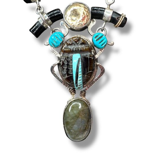 Hemerson Brown Navajo Sterling Scarab Necklace 14k Turquoise Labradorite 18in - Picture 3 of 14